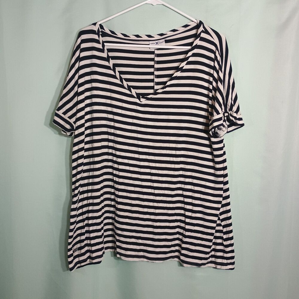 Women’s Black & White Striped V-Neck Top – Short Sleeve Casual Shirt